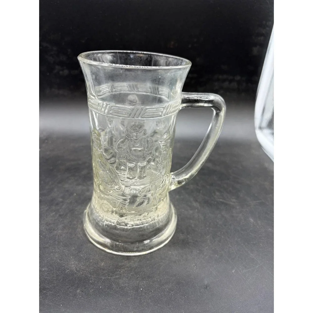 Vntg‎ Pressed Glass Beer Stein Tavern Scene Embossed Clear Glass Mug Collectible